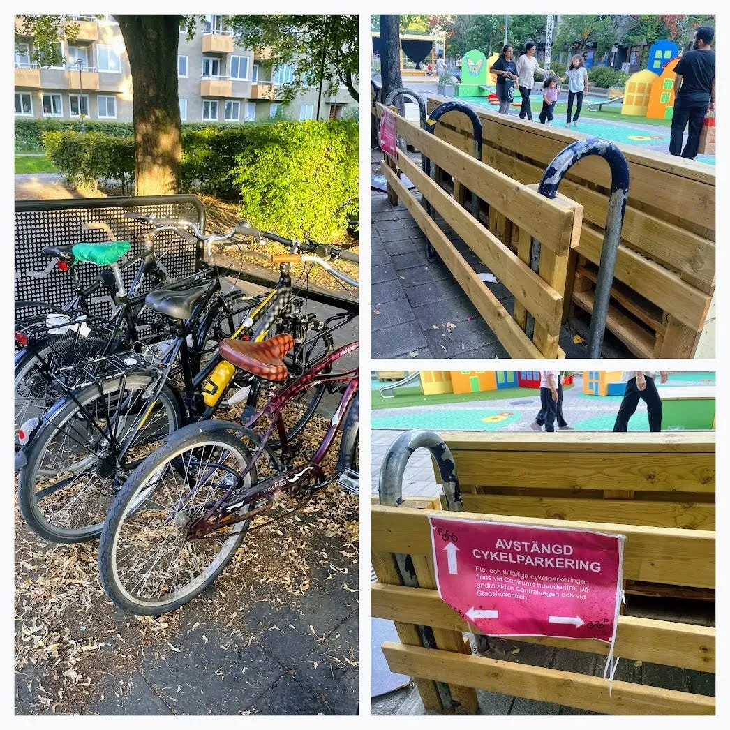 Tre bilder på cykelparkeringen vid Centralvägen: cyklar tätt packade i ett litet ställ under ett träd, cykelställ blockerade av lastpallsbänkar och en rosa skylt med texten "Avstängd cykelparkering" som hänvisar till andra ställ vid centrumets huvudentré, på andra sidan Centralvägen och vid Stadshusentrén.