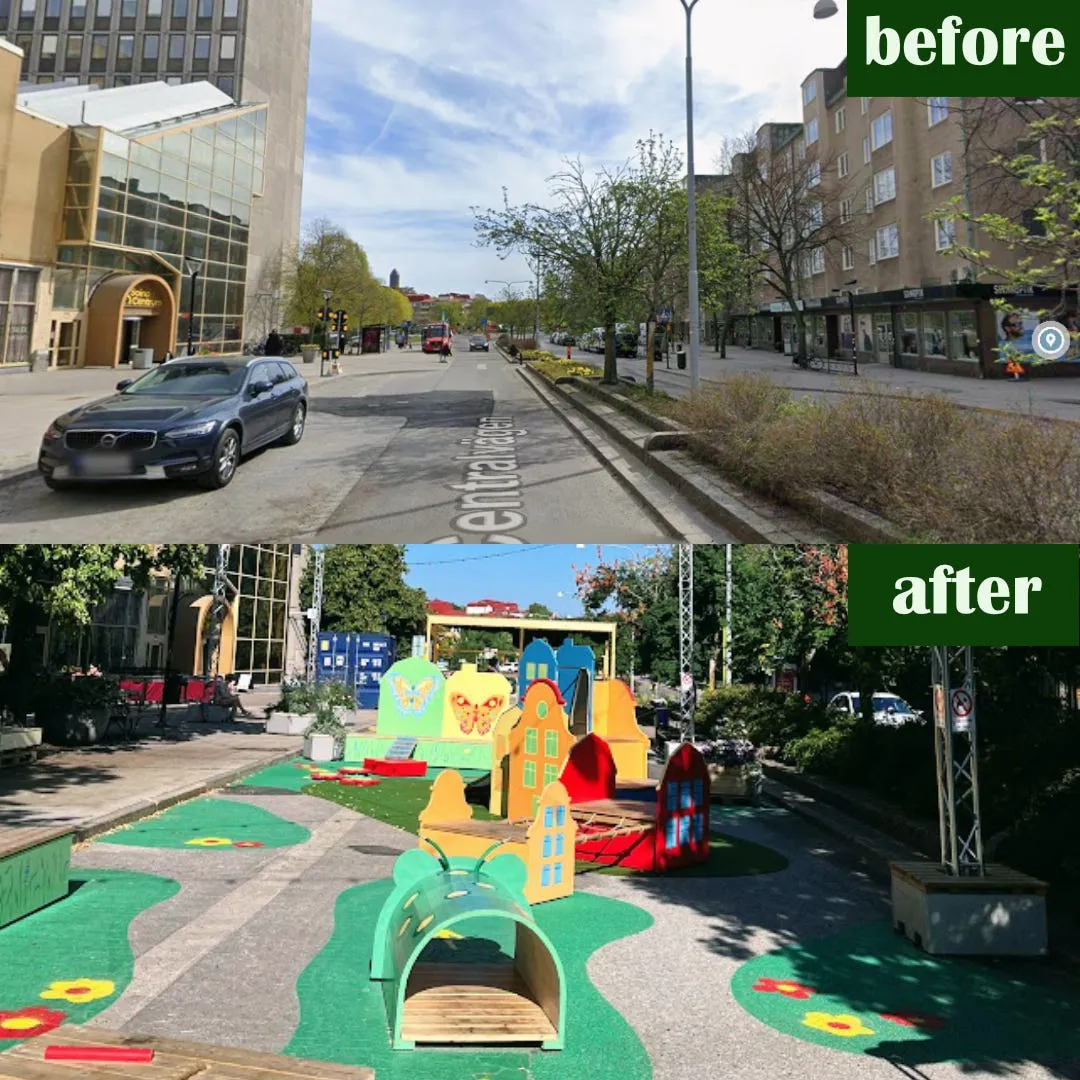 Före och efter på Centralvägen i Solna: i Google Street View en parkerad bil och ett öppet körfält utanför Solna Centrum, och nedanför samma sträcka täckt av gröna lekytor, färgglada trähusfigurer och planteringar.
