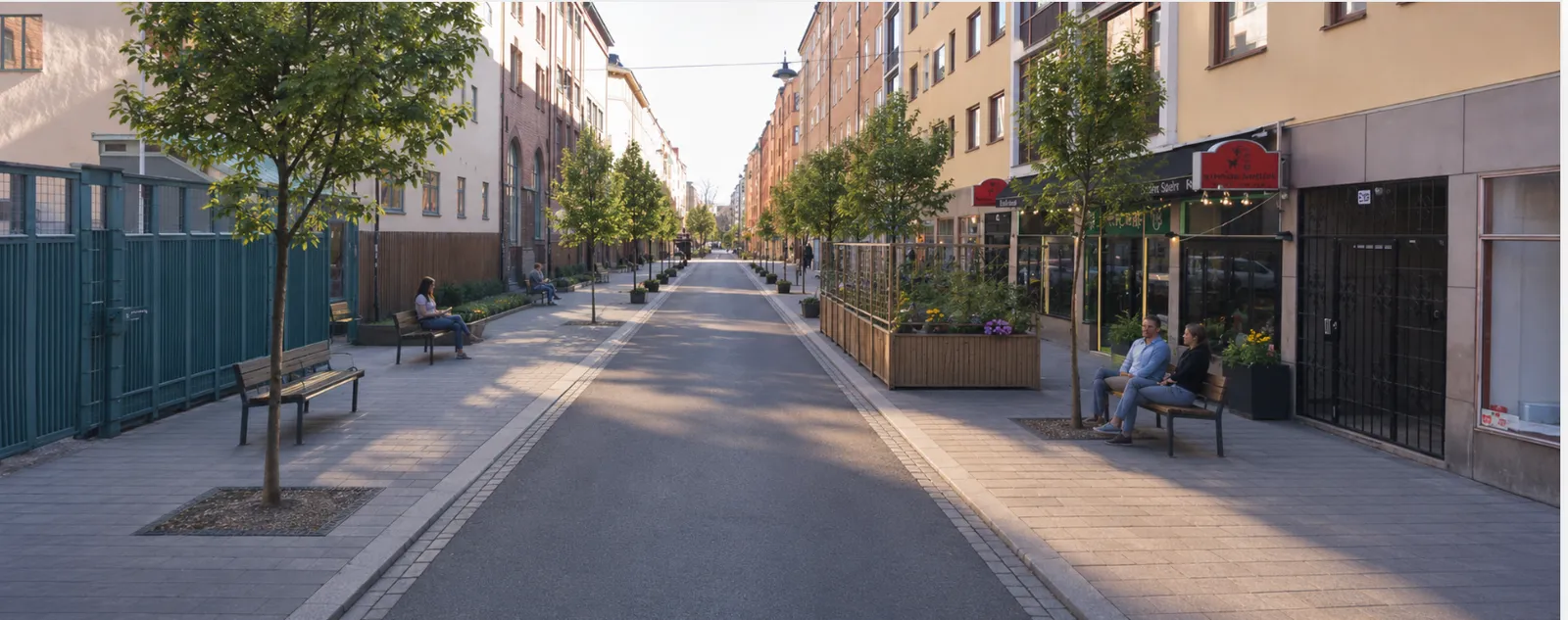 Samma vy av Åsögatan utan bilar: gatan är omgjord till gångstråk med träd, bänkar och uteserveringar.