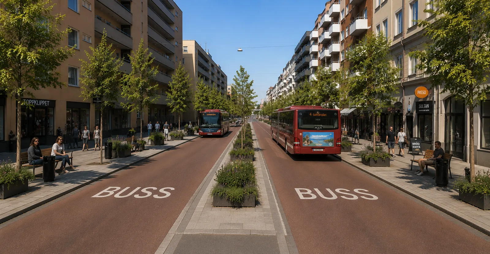 Samma vy av Hornsgatan utan bilar: körbanan är ersatt av trädplantering, cykelbana och breda gångytor.
