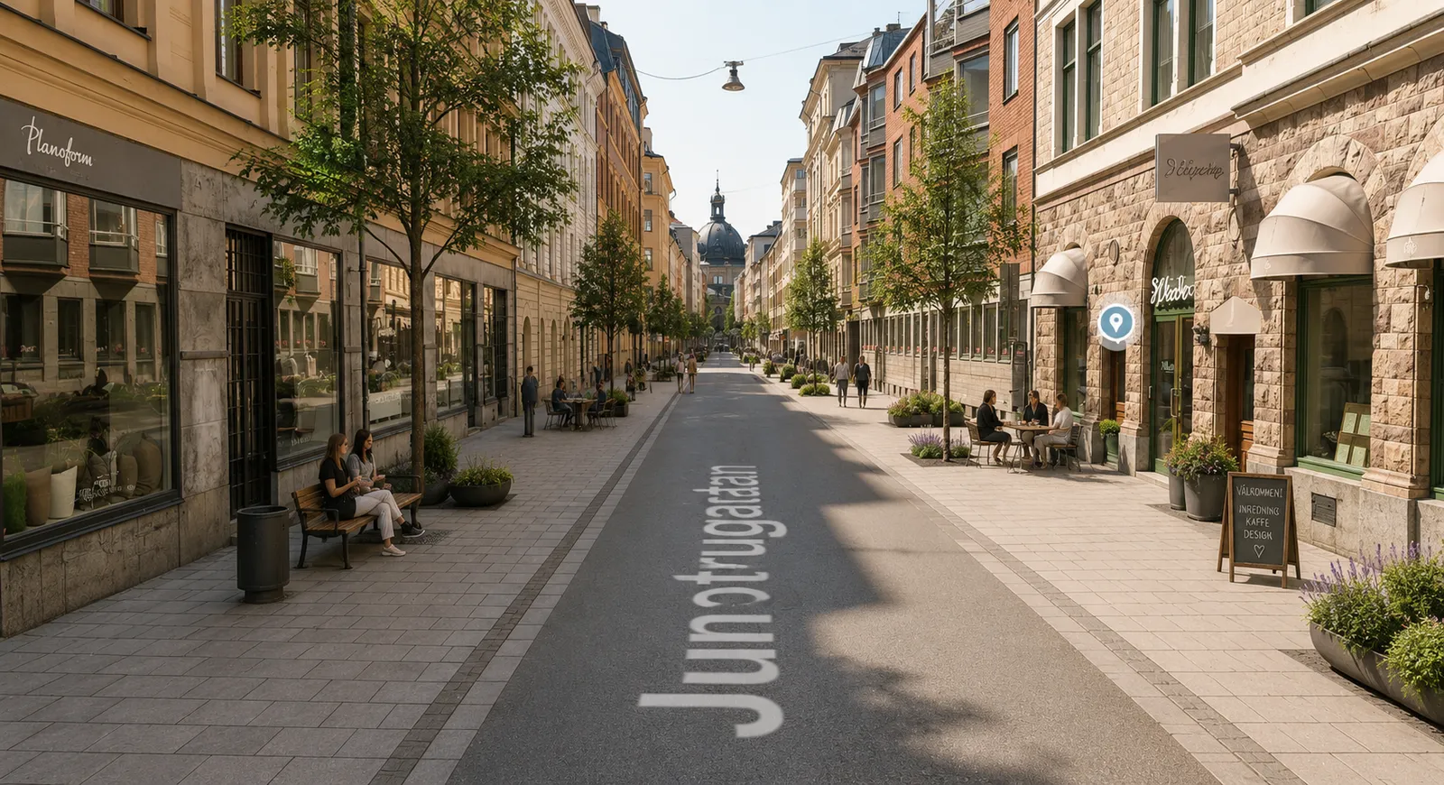 Samma vy av Jungfrugatan utan parkerade bilar: gatan har fått planteringar, cykelparkering och sittplatser.