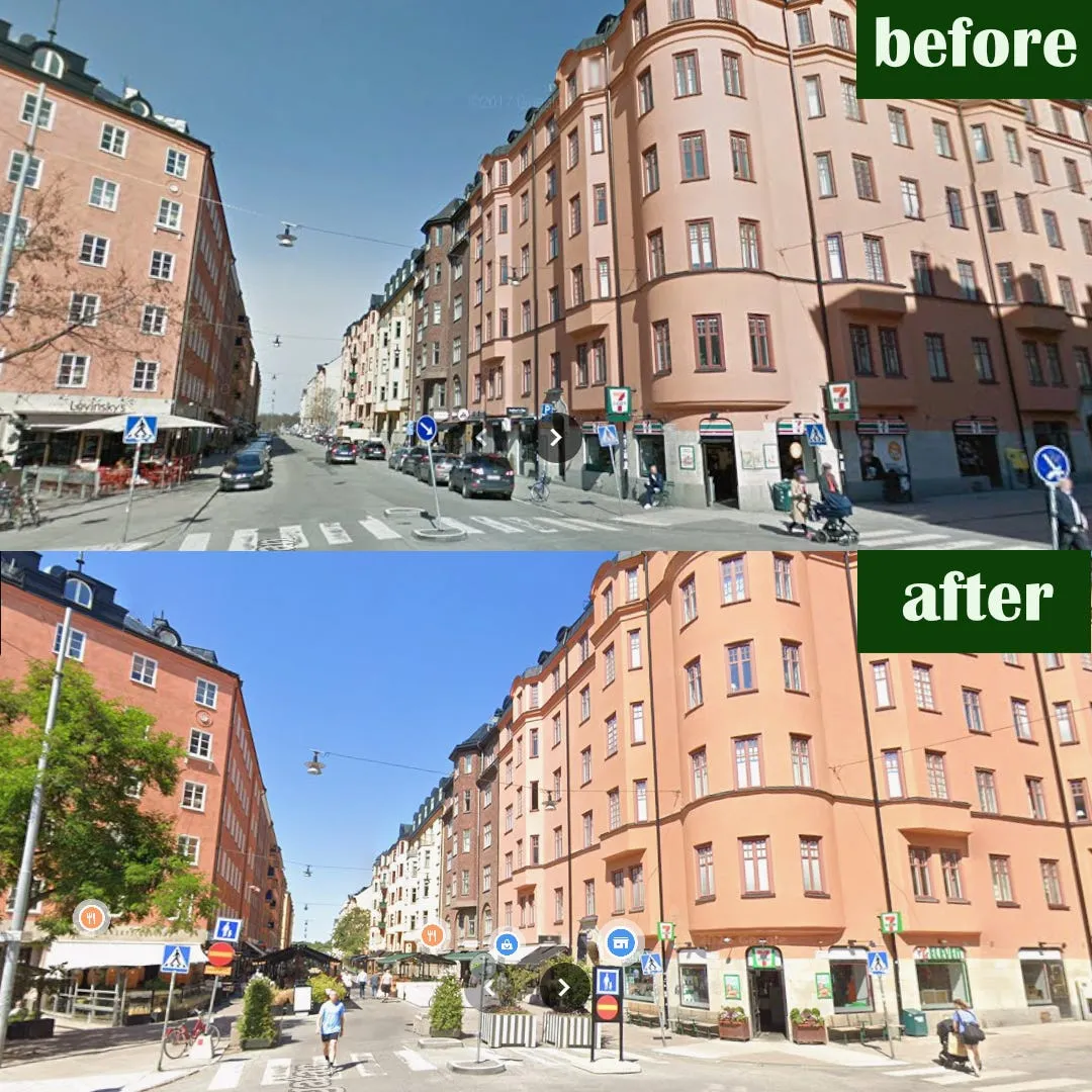 Before and after on Rörstrandsgatan: the same street corner in Google Street View with parked cars on top, and with outdoor seating, planters and pedestrians below.