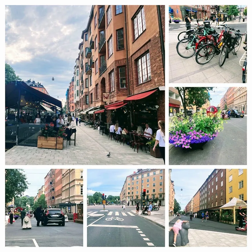 Six photos from Rörstrandsgatan: busy outdoor seating, bike parking, flower planters in the street, a car driving among pedestrians, a bike lane at a crossing, and a pedestrian street view with a play sculpture.