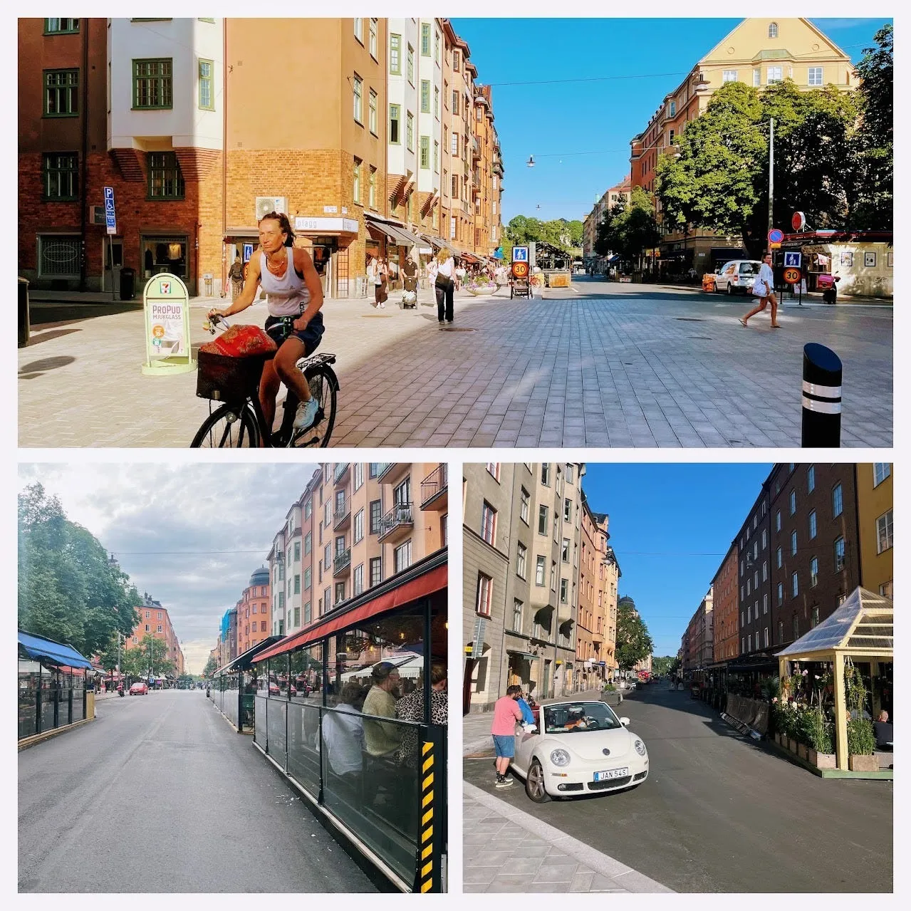 Three photos: the paved intersection at Birkagatan with a cyclist, the row of glassed-in outdoor seating along the street, and a car driving among pedestrians.