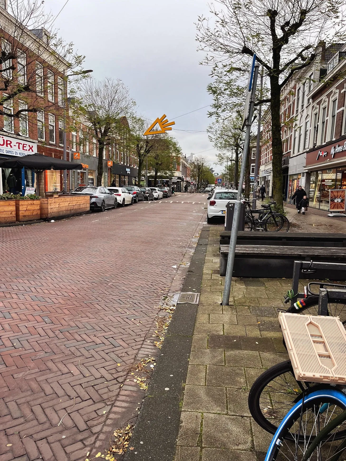 A typical Dutch street in Rotterdam with brick paving instead of asphalt, trees, benches and bike parking.