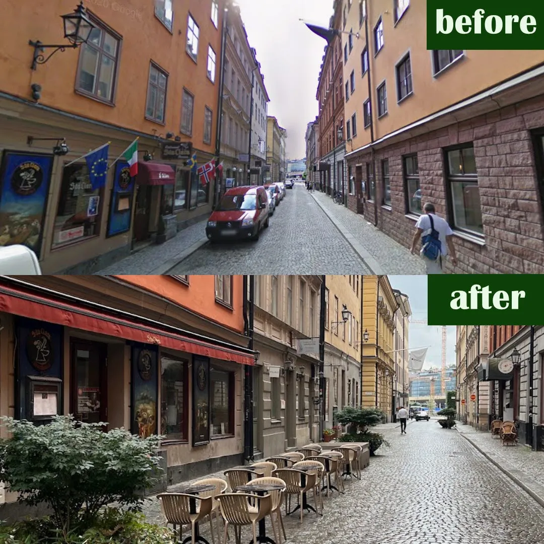 Före och efter på Lilla Nygatan: Google Street View med en röd bil parkerad på kullerstenen överst, och nederst samma sträcka med uteserveringsstolar, bord och planteringar.