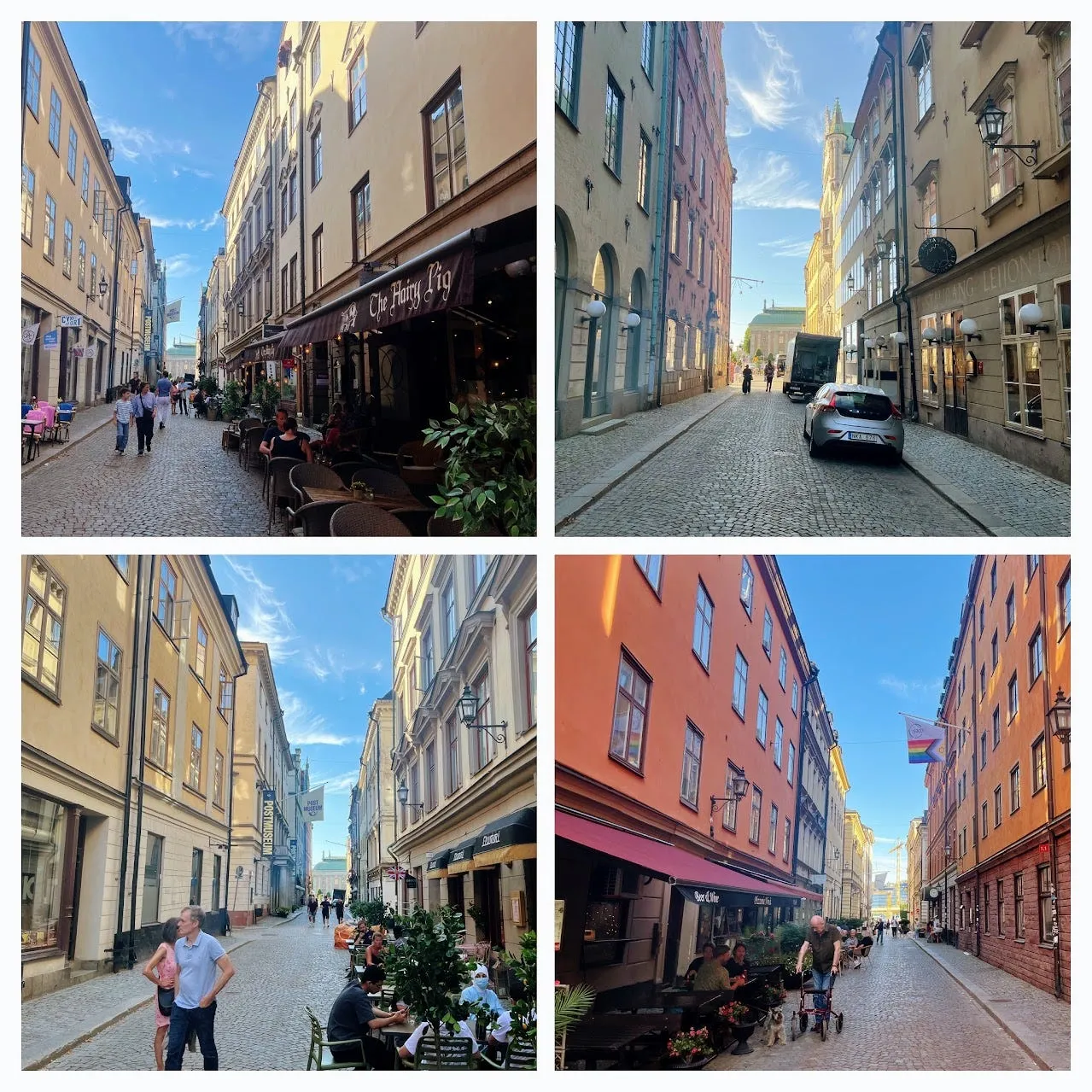 Fyra bilder från Lilla Nygatan i solsken: fotgängare och uteservering utanför The Hairy Pig, en parkerad bil och en lastbil på kullerstenen, folk vid kafébord nära Postmuseum, och en äldre man med rollator som passerar en uteservering.
