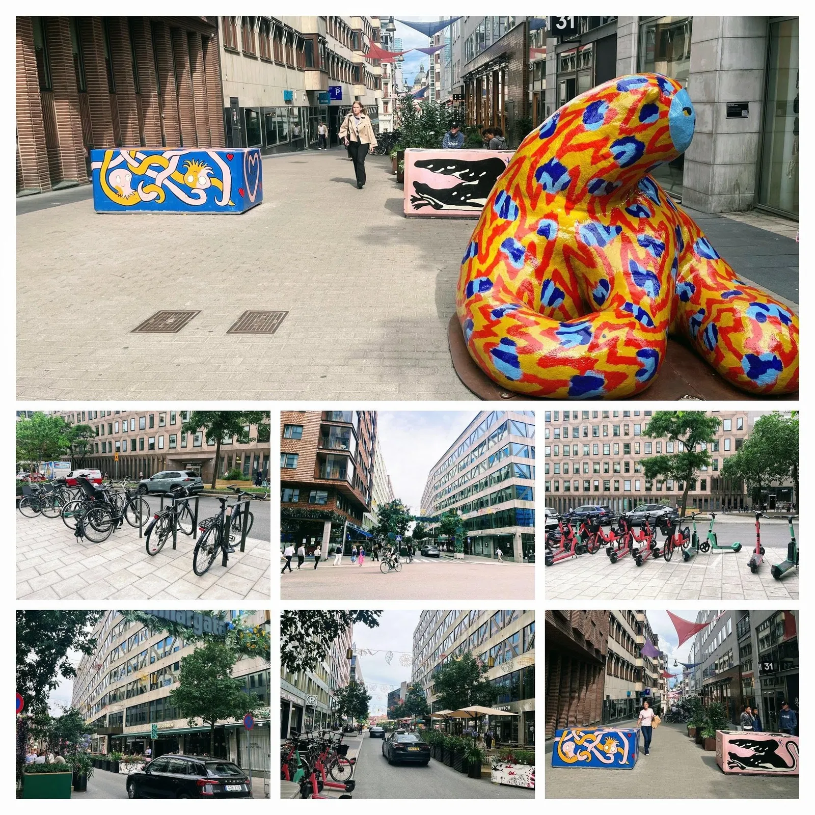 Sju bilder från Malmskillnadsgatan med omgivningar: en färgglad målad skulptur och målade betongblock på en stenlagd gågatusträcka, cykelställ, rader av hyrelsparkcyklar, kontorshus och bilar som kör förbi planteringar och uteserveringar.
