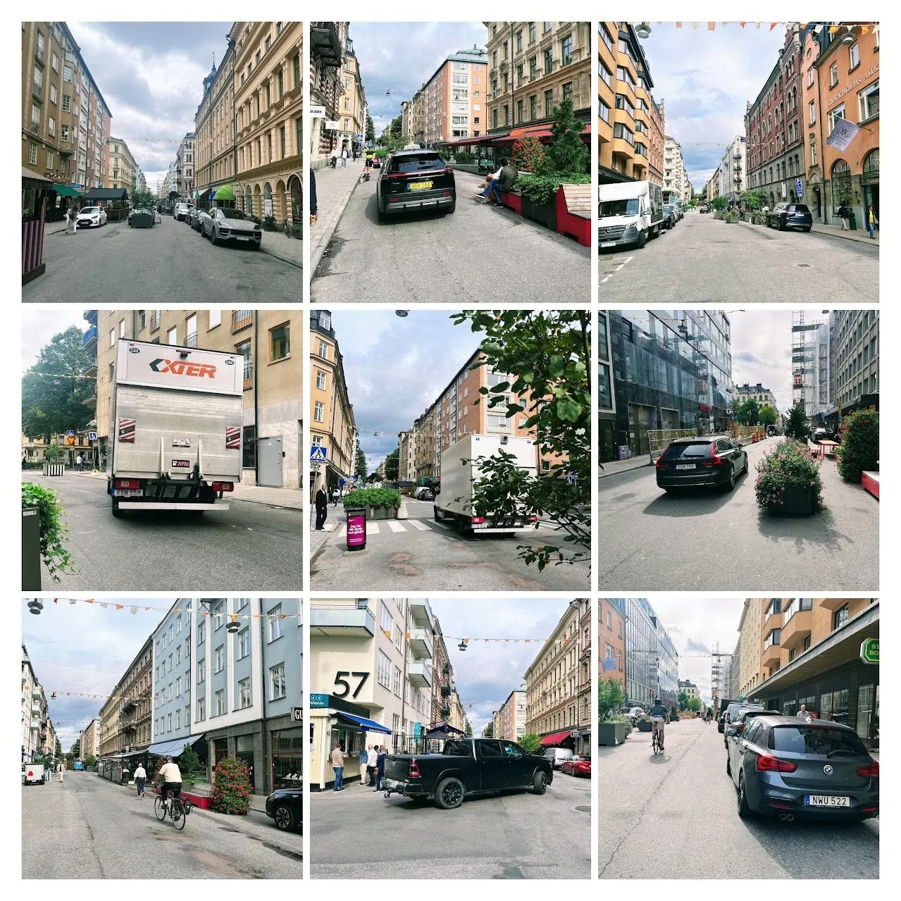 Nio bilder från Nybrogatan under sommargatusäsongen: parkerade bilar, en SUV som kör förbi de röda bänkarna, lastbilar mitt i gatan, en pickup vid ett övergångsställe och bilar som kör mellan planteringarna.