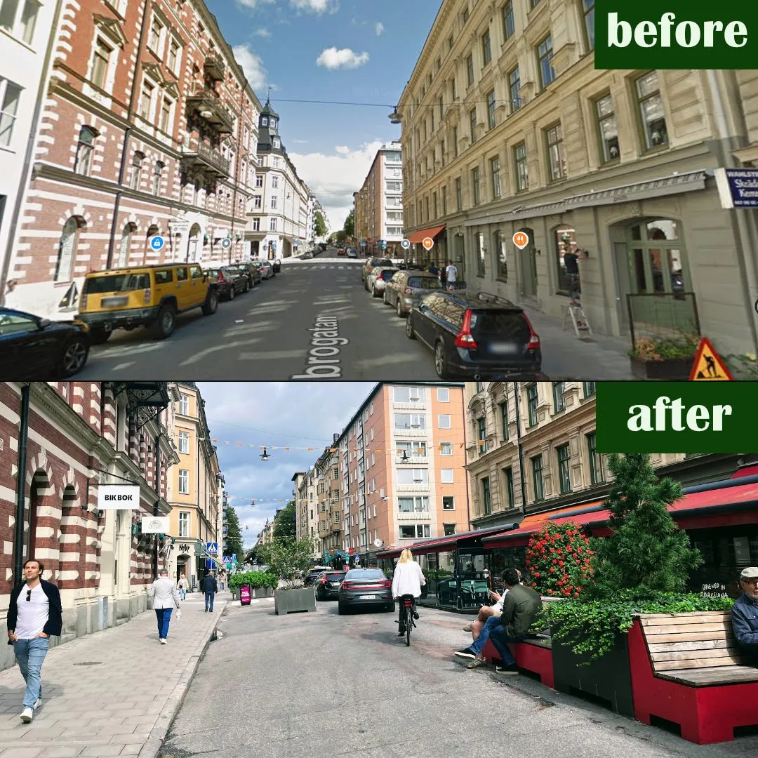 Före och efter på Nybrogatan: Google Street View med bilar parkerade längs båda sidor överst, och nederst sommargatan med planteringar, röda bänkar och en cyklist, men fortfarande en bil som kör mitt i gatan.
