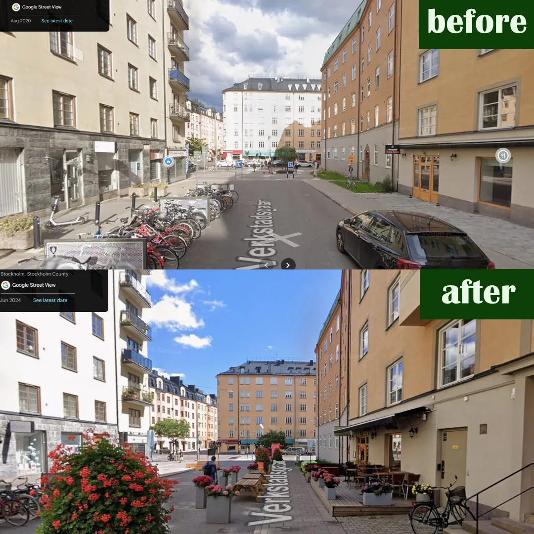 Före och efter på Verkstadsgatan: Google Street View från augusti 2020 med cykelställ och en parkerad bil på asfalten, och från juni 2024 med blomkrukor, picknickbord och uteservering på ett trädäck.
