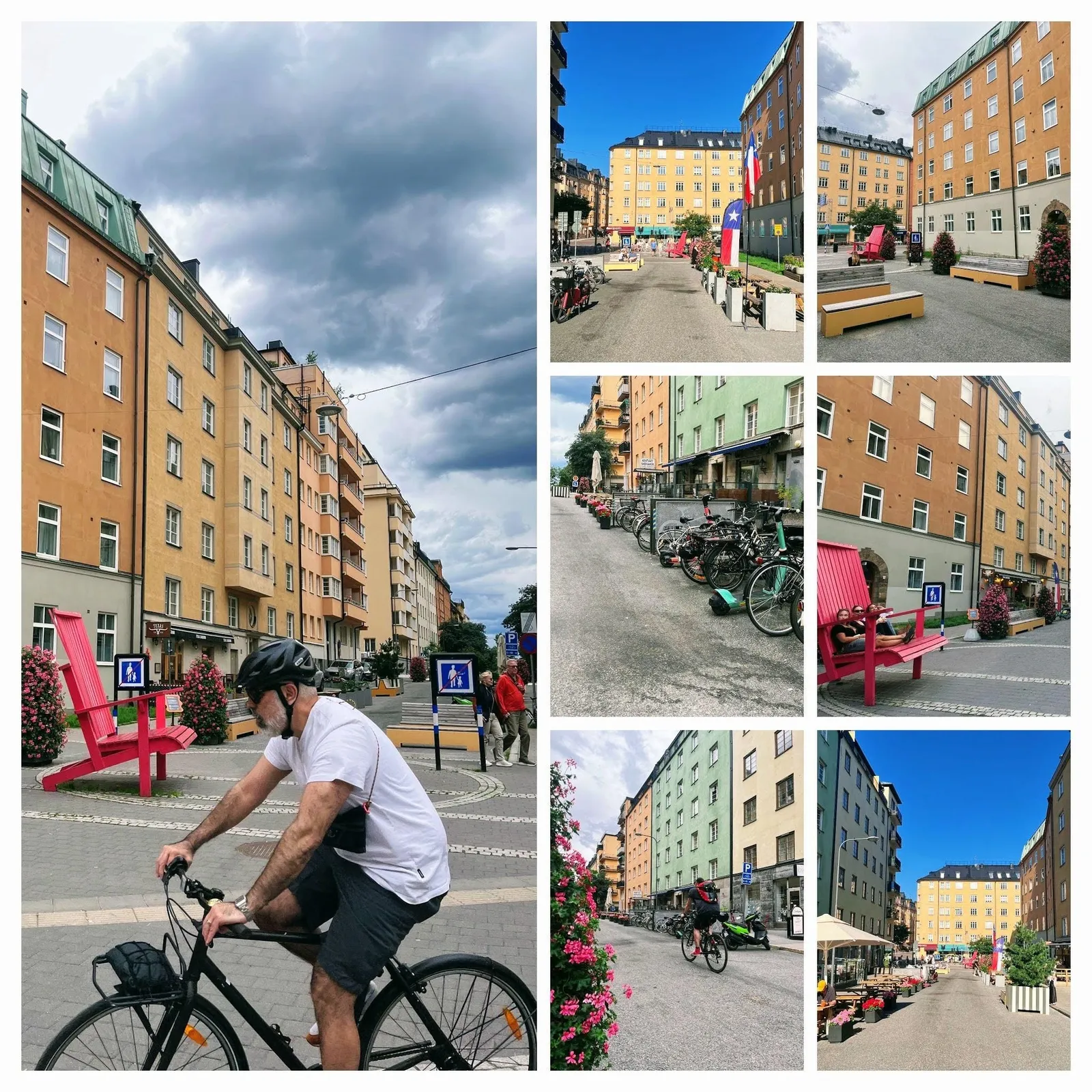 Bildkollage från Verkstadsgatan: en jättelik röd stol i gatan, en förbipasserande cyklist, bänkar, blomtorn, cykelparkering och uteserveringar.