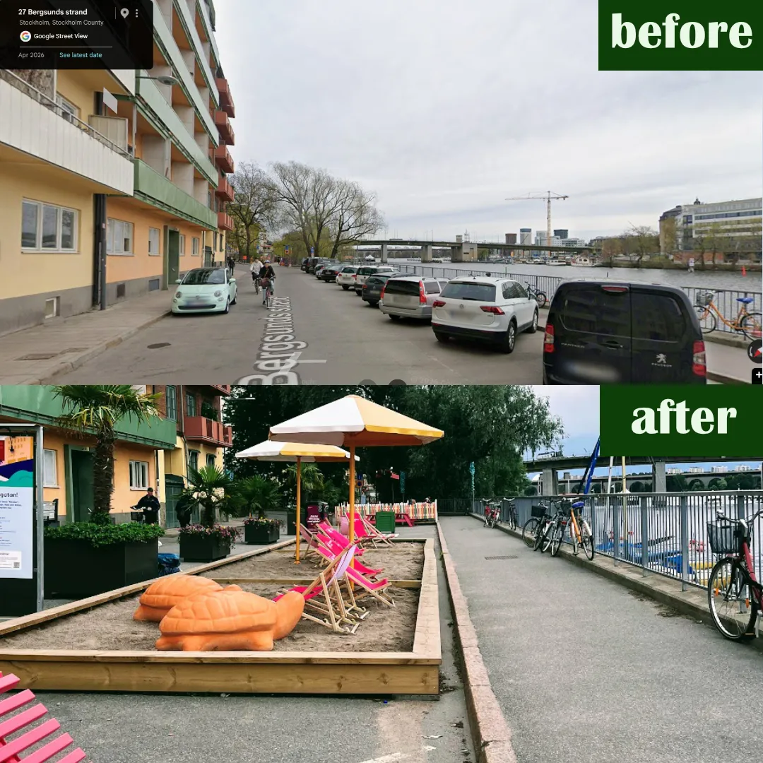 Before and after of Bergsunds strand: a row of parked cars along the water turned into a sandpit with orange turtle sculptures, deck chairs and parasols.