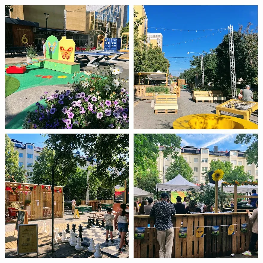 Four pictures from Centralvägen in Solna: a play area with butterfly decorations and flowers, pallet furniture under string lights, giant street chess, and crowds at a World Cup screening.