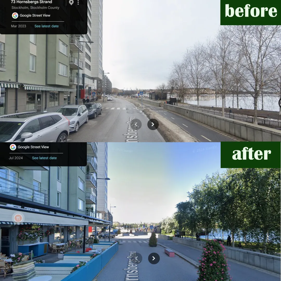 Before and after of Hornsbergs strand: parked cars lining the quay street replaced by outdoor café seating, planters and grown-in greenery.
