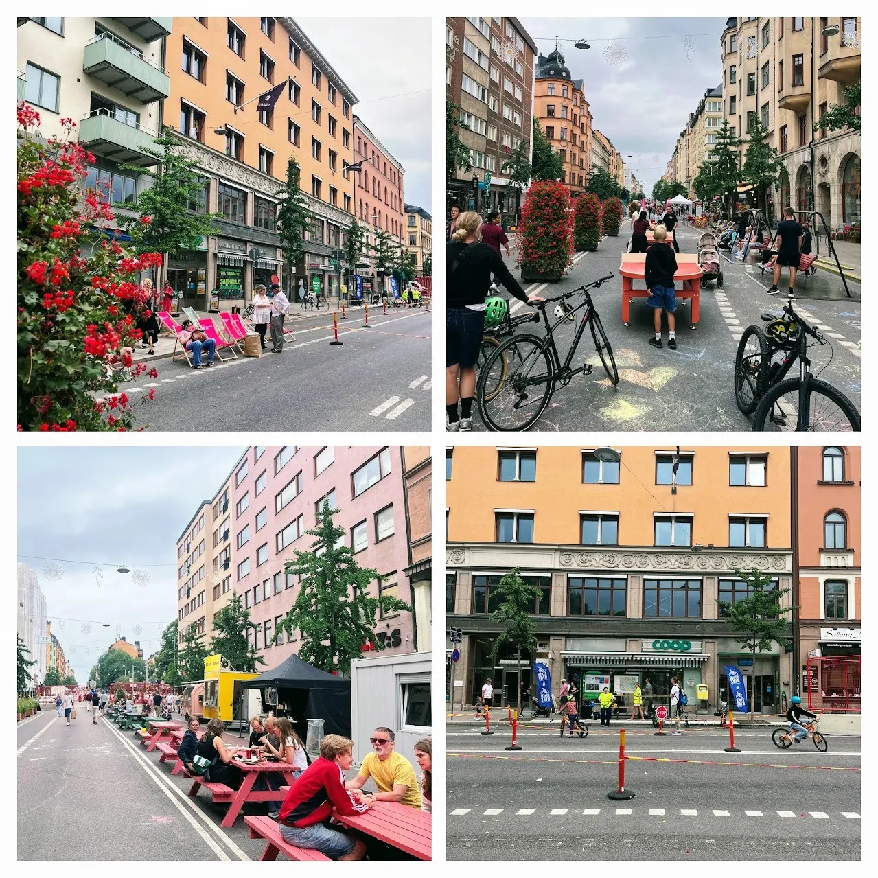 Four pictures from a car-free weekend on Hornsgatan: pink sun chairs in the roadway, a ping-pong table and swings, picnic tables by a food truck, and children cycling past the Coop.