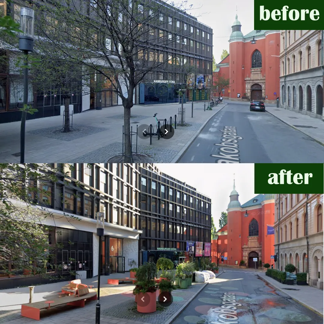 Street View comparison of Jakobsgatan by S:t Jacob's church: a plain roadway with a passing car before; benches, planters and painted ground after.