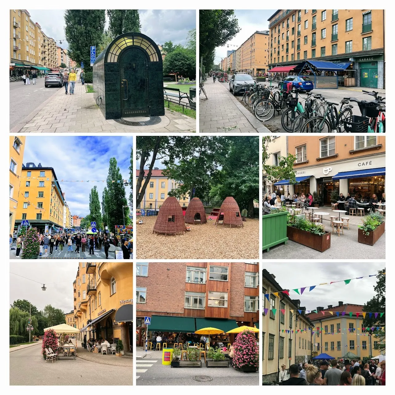 Eight pictures from the Nytorget area: an ornate public toilet, wicker play huts, outdoor cafés, and Skånegatan full of people under bunting.