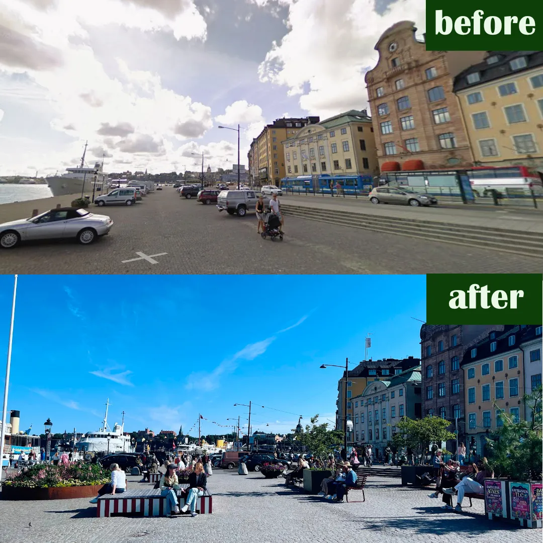 Before and after of Skeppsbron: a quayside parking lot full of cars turned into a cobbled plaza where people sit on benches among plantings.