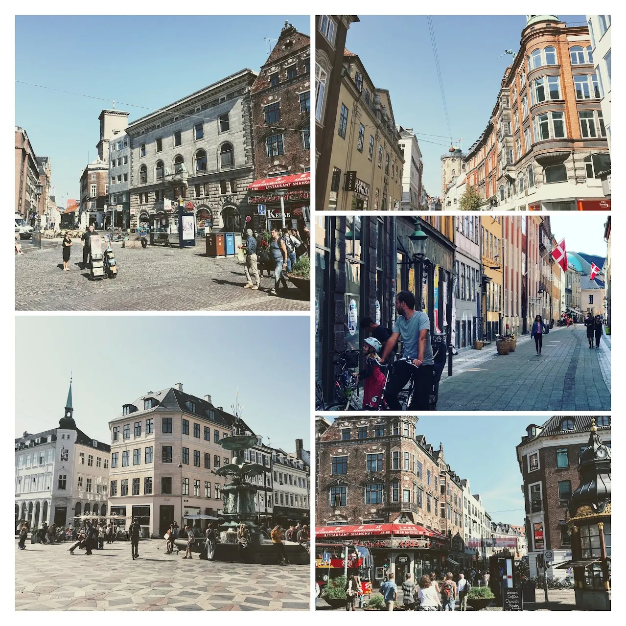 Collage of Strøget in Copenhagen: pedestrianized shopping streets, a square with a fountain, and people walking and cycling between old buildings.