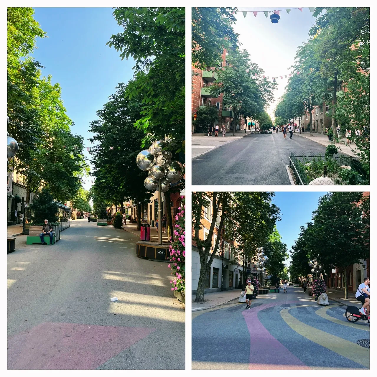 Three pictures of Swedenborgsgatan as a leafy pedestrian street: benches and greenery under tree canopies, and colourful painted asphalt with silver-ball decorations overhead.