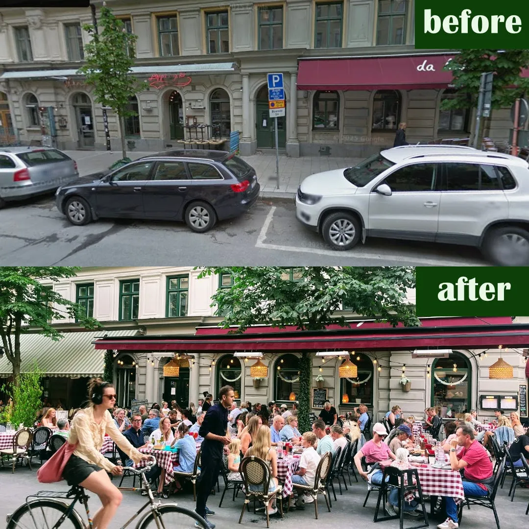 Före och efter på Swedenborgsgatan: samma fasad i Google Street View med parkerade bilar överst och med en full uteservering, ljusslingor och en förbipasserande cyklist nederst.